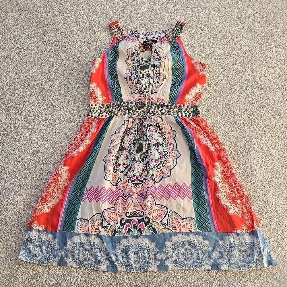 Angie Mini Dress Sleeveless Studded Accents Floral Design Size S Boho-chic‎